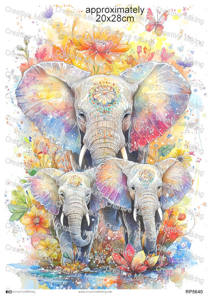 Elephant Mother With Two Baby Elephants Among Colorful Floral Splashes Decoupage Paper | RP5640