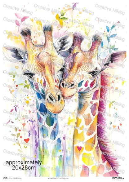 Giraffes Among Colorful Watercolor Splashes Decoupage Rice Paper | RP5682a