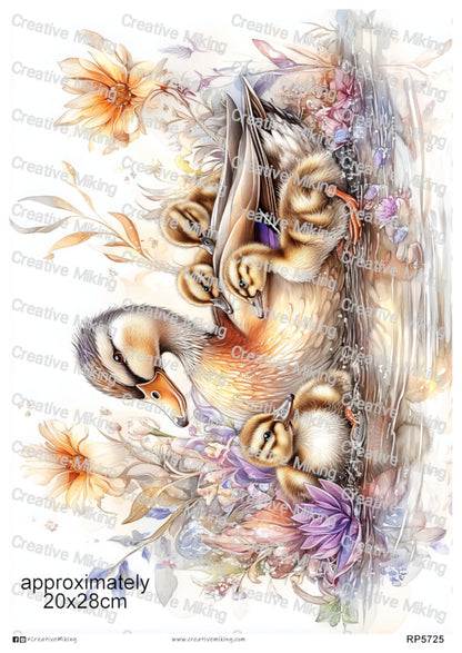 Duck With Ducklings Among Flowers Decoupage Rice Paper | RP5725
