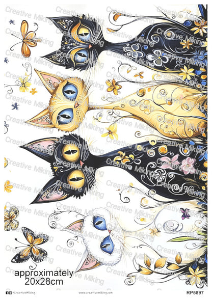 Cats With Butterflies And Floral Swirls Decoupage Rice Paper | RP5897