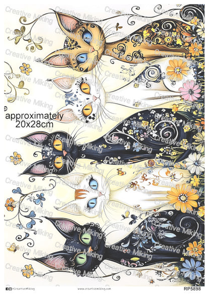 Cats With Butterflies And Floral Swirls Decoupage Rice Paper | RP5898