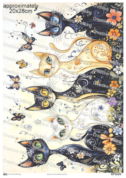 Cats With Butterflies And Floral Swirls Decoupage Rice Paper | RP5899
