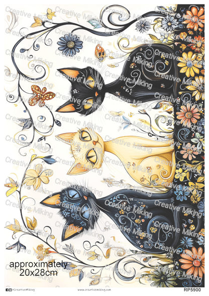 Cats With Butterflies And Floral Swirls Decoupage Paper | RP5900
