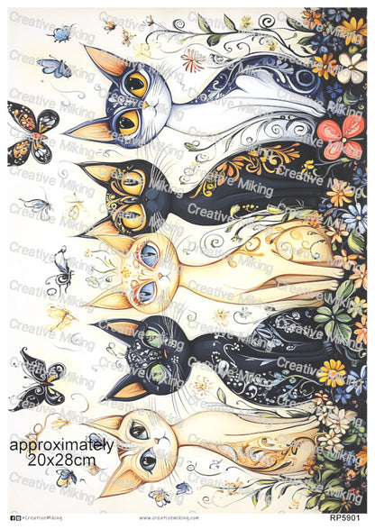 Cats With Butterflies And Floral Swirls Decoupage Paper | RP5901