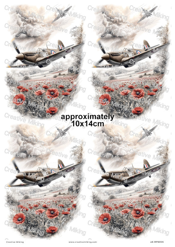 WWII Spitfire Aircraft Over Poppy Field Decoupage Rice Paper | RP6005