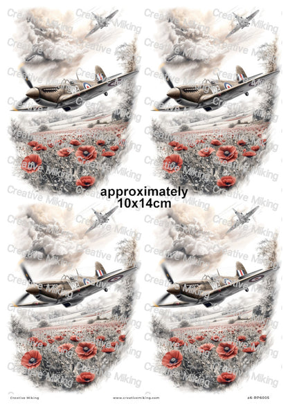 WWII Spitfire Aircraft Over Poppy Field Decoupage Rice Paper | RP6005