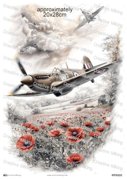 WWII Spitfire Aircraft Over Poppy Field Decoupage Rice Paper | RP6005