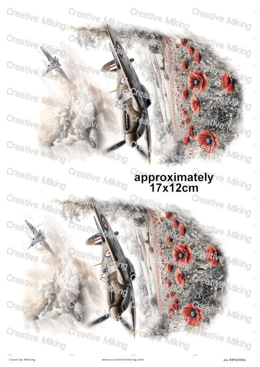 WWII Spitfire Aircraft Over Poppy Field Decoupage Rice Paper | RP6005b