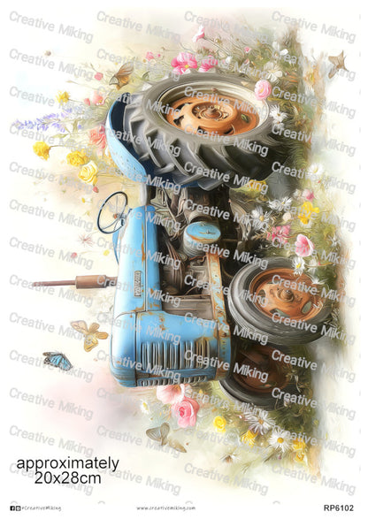 Blue Vintage Tractor Among Wildflowers Decoupage Rice Paper | RP6102