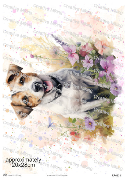 Jack Russell Dog Among Wildflowers Watercolor Splashes Decoupage Paper | RP6538