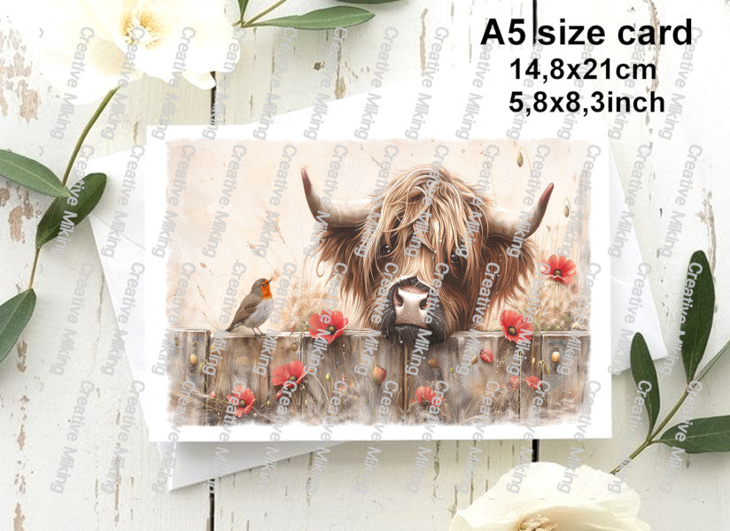 Highland Cow Peeking Over Wooden Fence with Robin Among Poppies Decoupage Paper | RP7002