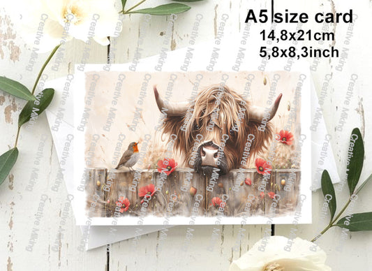 Highland Cow Peeking Over Wooden Fence with Robin Among Poppies Decoupage Paper | RP7002