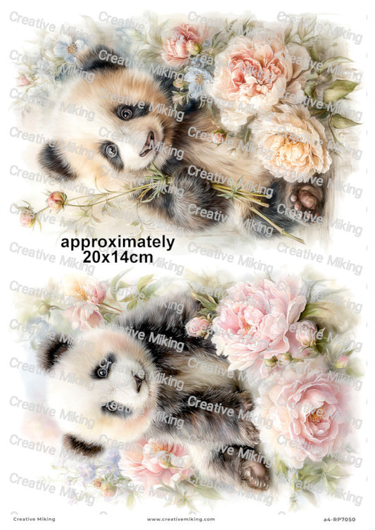 Panda With Peonies Decoupage Paper | RP7050