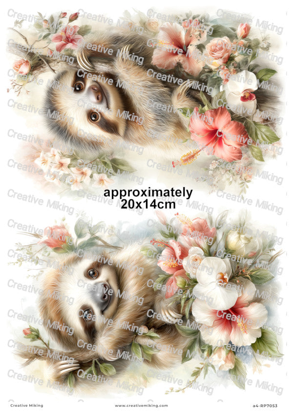 Sloth With Tropical Flowers Decoupage Paper | RP7053