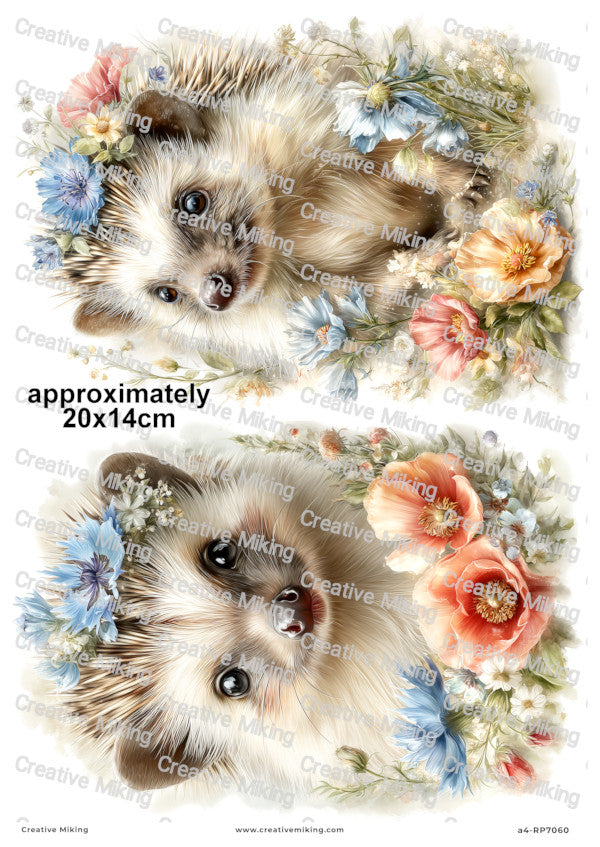 Hedgehog With Flowers Decoupage Paper | RP7060