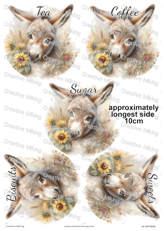 Donkey With Sunflowers Kitchen Labels Decoupage Paper – Tea, Coffee, Sugar, Biscuits, Sweets | RP7066