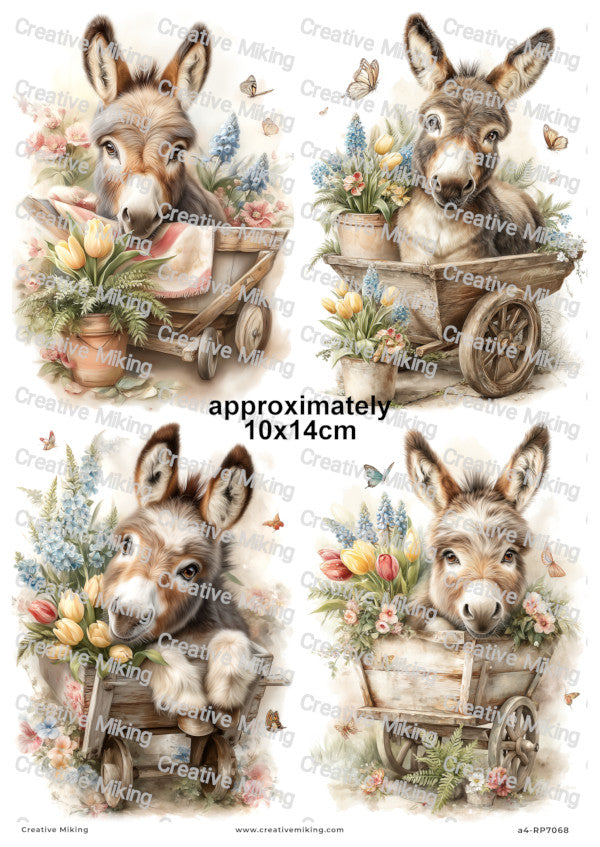 Donkey In Wheelbarrow With Spring Flowers Decoupage Paper | RP7068