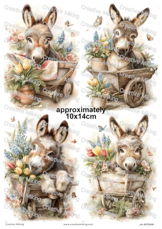 Donkey In Wheelbarrow With Spring Flowers Decoupage Paper | RP7068