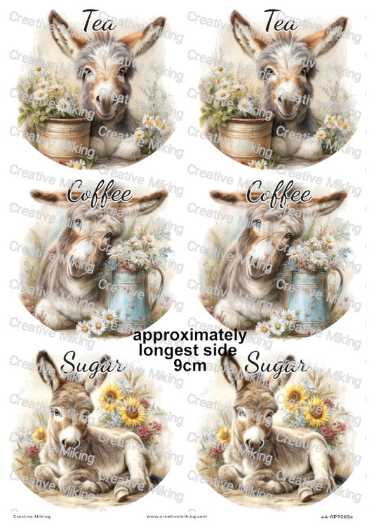 Donkey With Flowers Kitchen Labels Decoupage Rice Paper — Tea, Coffee, Sugar | RP7069a