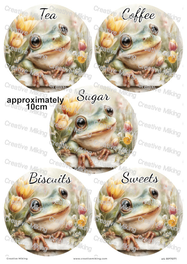 Frog Kitchen Labels Decoupage Paper – Tea, Coffee, Sugar, Biscuits, Sweets | RP7071