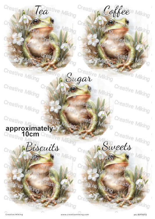 Frog Kitchen Labels Decoupage Paper – Tea, Coffee, Sugar, Biscuits, Sweets | RP7072