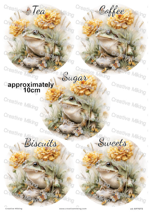 Frog Kitchen Labels Decoupage Paper – Tea, Coffee, Sugar, Biscuits, Sweets | RP7073