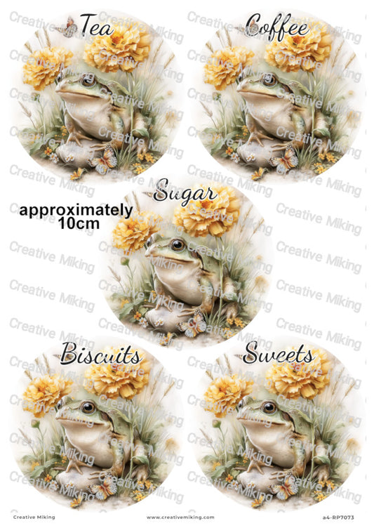 Frog Kitchen Labels Decoupage Paper – Tea, Coffee, Sugar, Biscuits, Sweets | RP7073