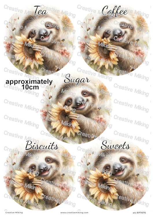 Sloth with Sunflower Kitchen Labels Decoupage Paper – Tea, Coffee, Sugar, Biscuits, Sweets | RP7076