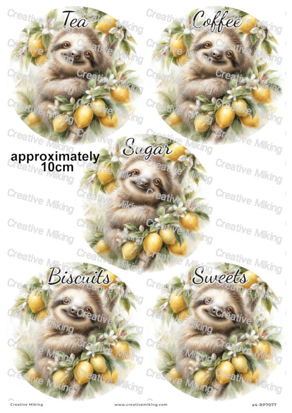 Sloth with Lemons Kitchen Labels Decoupage Paper – Tea, Coffee, Sugar, Biscuits, Sweets | RP7077