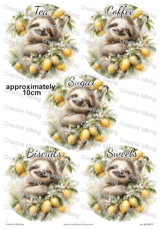 Sloth with Lemons Kitchen Labels Decoupage Paper – Tea, Coffee, Sugar, Biscuits, Sweets | RP7077