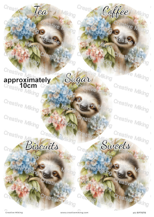 Sloth with Hydrangea Kitchen Labels Decoupage Paper – Tea, Coffee, Sugar, Biscuits, Sweets | RP7078