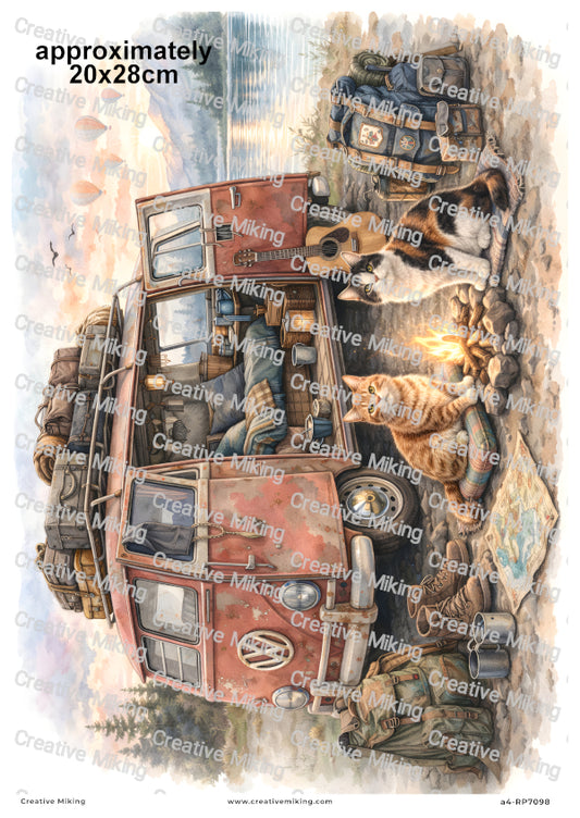 Cats Camper Van Decoupage Paper | RP7098