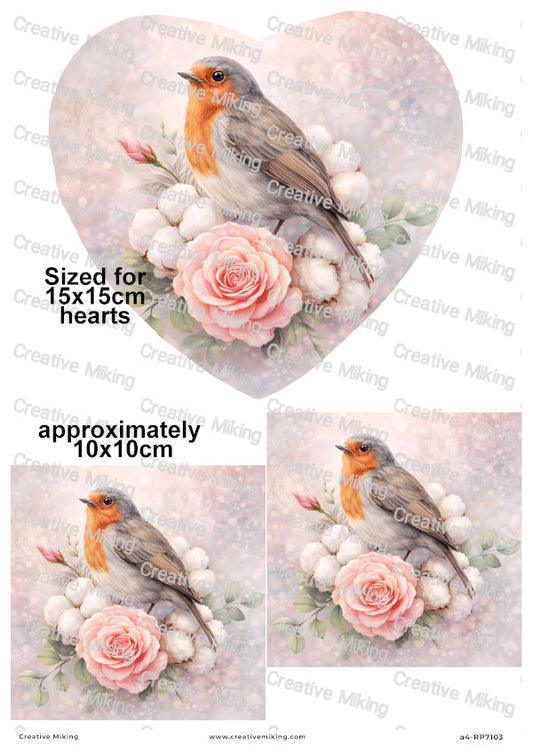 Robin Bird Among Roses And Cotton Flowers Decoupage Paper | RP7103