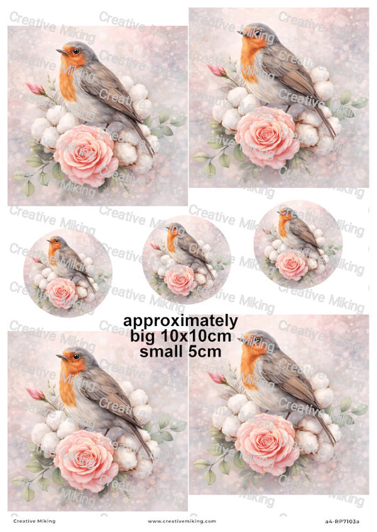 Robin Bird Among Roses And Cotton Flowers Decoupage Paper | RP7103a