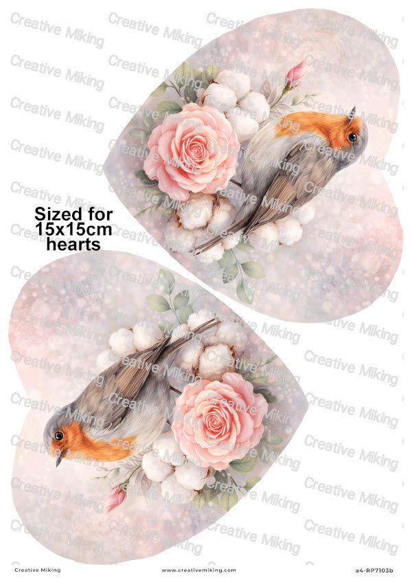Robin Bird Among Roses And Cotton Flowers Decoupage Paper | RP7103b