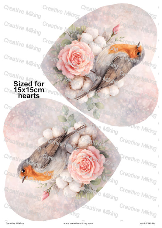 Robin Bird Among Roses And Cotton Flowers Decoupage Paper | RP7103b
