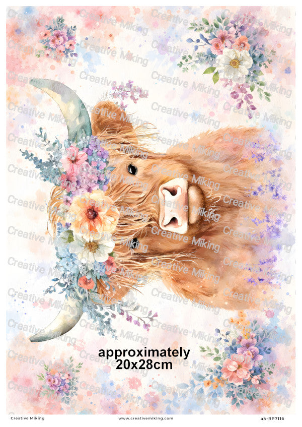 Highland Cow With Wildflowers Watercolor Decoupage Rice Paper | RP7116