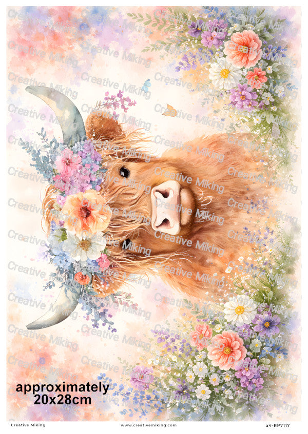 Highland Cow With Wildflowers Watercolor Decoupage Rice Paper | RP7117