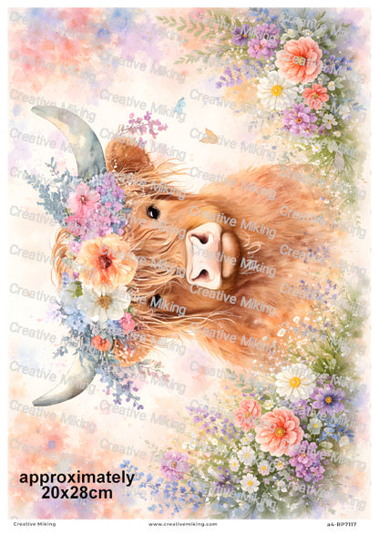 Highland Cow With Wildflowers Watercolor Decoupage Rice Paper | RP7117