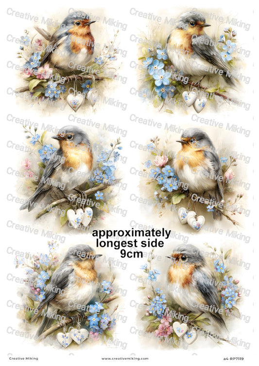 Robin Bird With Forget-Me-Nots And Hearts Decoupage Rice Paper | RP7119