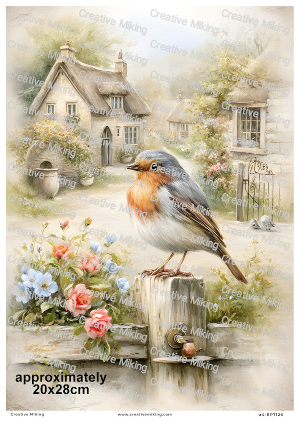 Robin Bird In Cottage Garden Decoupage Rice Paper | RP7126