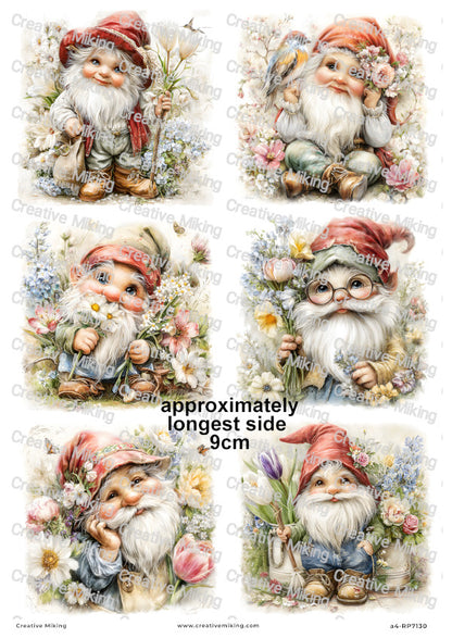 Gnome With Spring Flowers Decoupage Rice Paper | RP7130