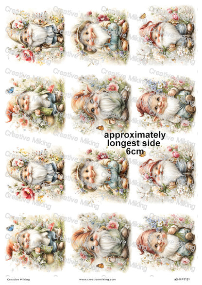 Gnome With Spring Flowers Decoupage Rice Paper | RP7131