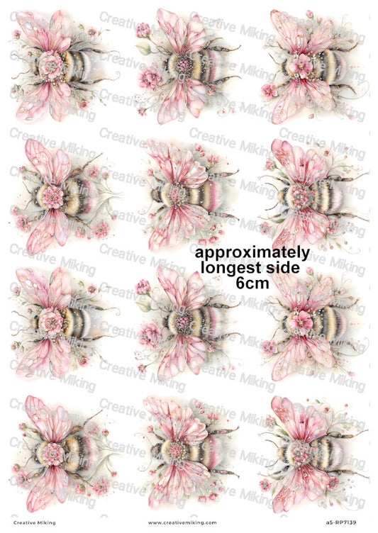 Pink Floral Bumblebees Decoupage Rice Paper | RP7139