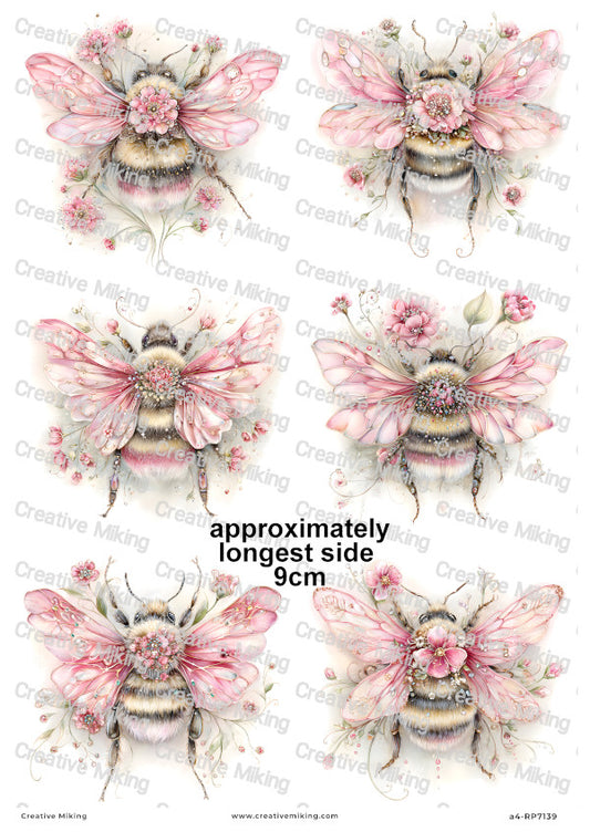 Pink Floral Bumblebees Decoupage Rice Paper | RP7139