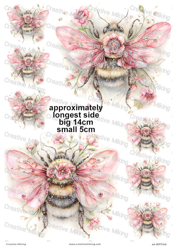 Pink Floral Bumblebees Decoupage Rice Paper | RP7140