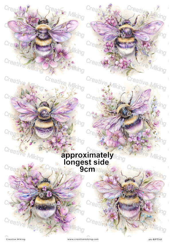 Purple Floral Bumblebees Decoupage Rice Paper | RP7141