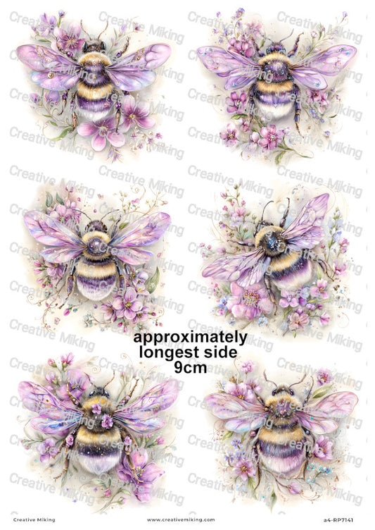 Purple Floral Bumblebees Decoupage Rice Paper | RP7141