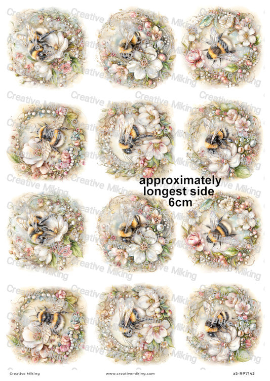 Pearl Floral Bumblebees Decoupage Rice Paper | RP7143