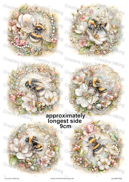 Pearl Floral Bumblebees Decoupage Rice Paper | RP7143
